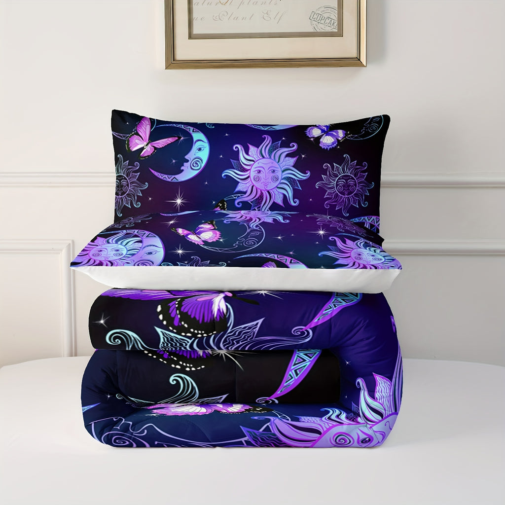 Sun And Moon Comforter Set, Butterfly And Star Bedding Set, 3D Printed Bohemian Gothic Duvet With 2 Pillowcases