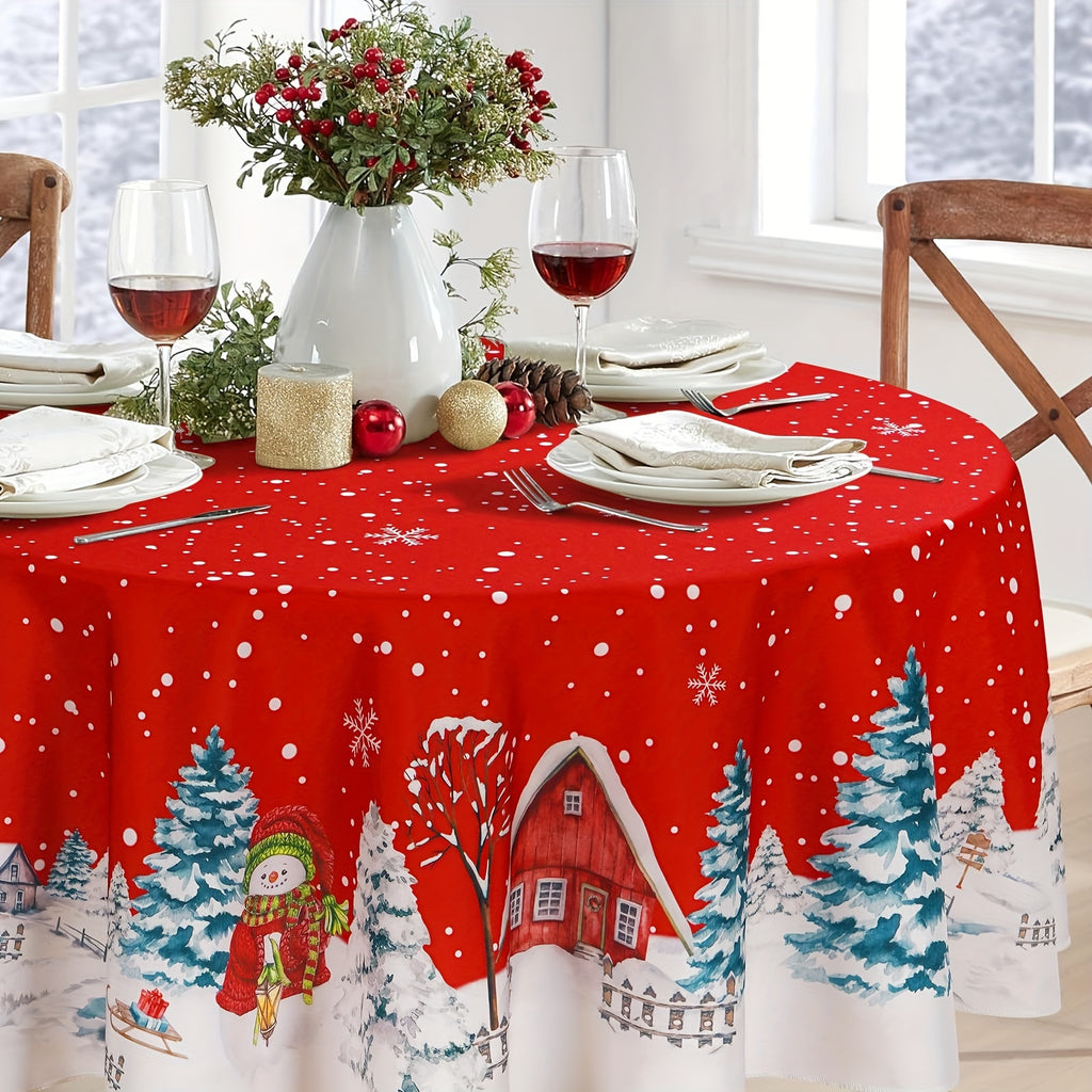 Christmas Tablecloth, Winter Snowman House Christmas Trees Table Cloth, Waterproof Snowflake Tablecloth, Washable Red Christmas Table Cover for Party Kitchen Dining Room