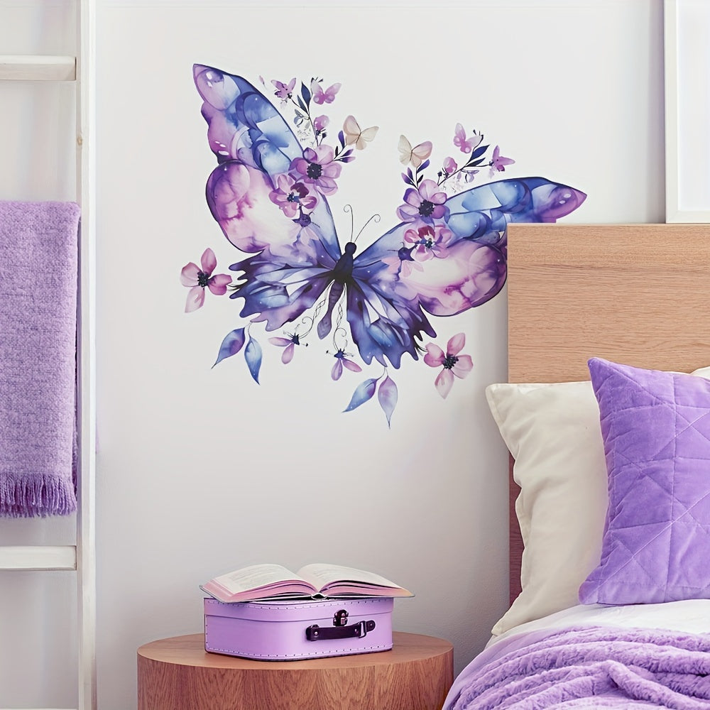 Purple Butterfly Floral Wall Decal Sticker, PVC Material, Removable and Decorative for Bedroom and Living Room