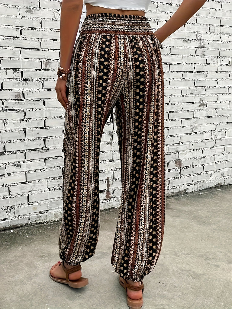 Chic Tribal Print Boho Jogger Pants - Fashionable High Waist, Comfortable Loose Fit with Eye-Catching Buttons - Perfect for Spring & Summer - Womens Bohemian Style Clothing