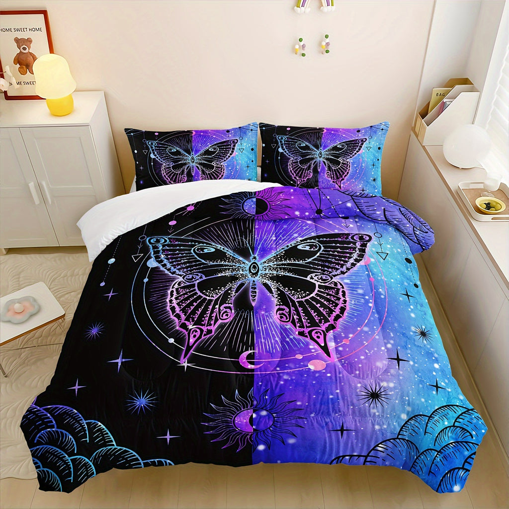 3pcs Fashion Comforter Set (1 * Comforter + 2 * Pillowcase, No Core), Starry Sky Butterfly Print Aesthetic Bedding Set, Soft And Comfortable Skin-friendly For Bedroom, Guest Room