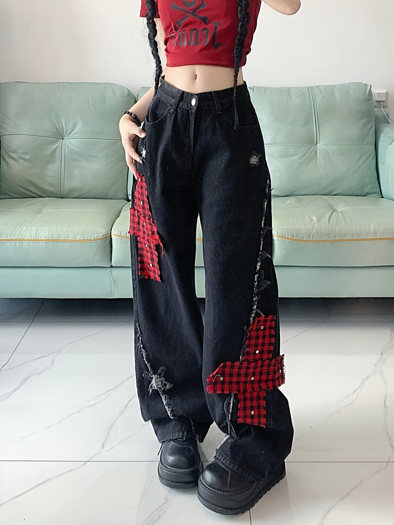 Plaid Print Cross Patchwork Streetwear Chic Loose Fit Wide Leg Jeans, Women's Denim Jeans & Clothing