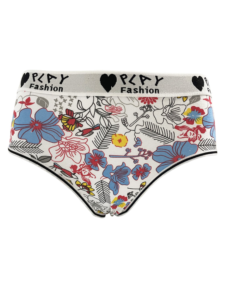 3 Pcs Comfy Floral Print Briefs, Stretchy Cotton Intimates Panties with Letter & Heart Decor, Breathable Women's Lingerie & Underwear