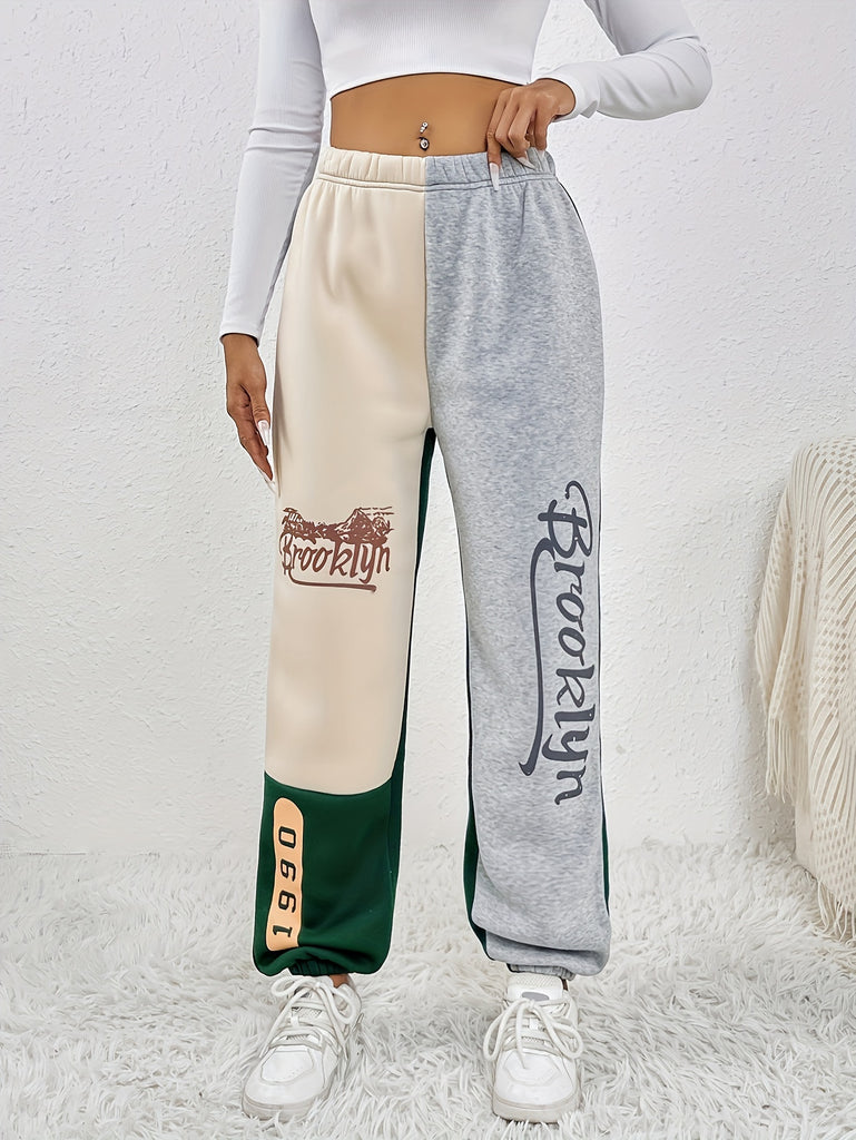 Women's Fashion Joggers, Polyester Blend, Warm Sweatpants, Casual Style with Letter Print, Autumn/Winter Collection, with Pockets, Adult Size, Knit Fabric