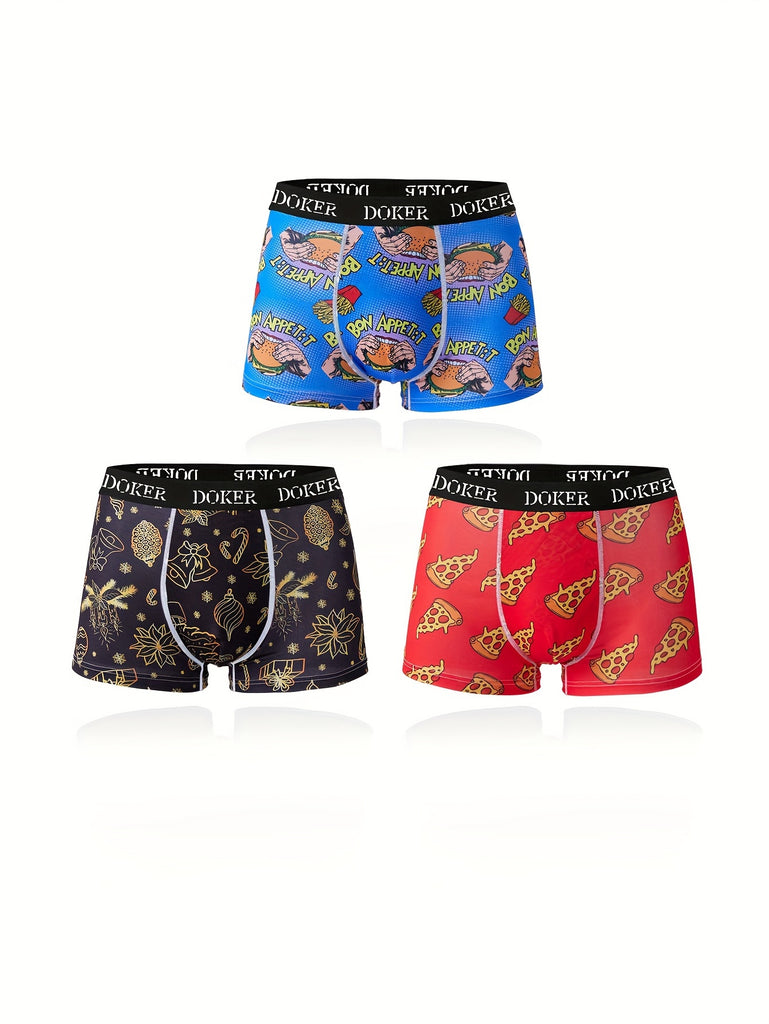 Stylish Multi-color High Quality Series - 3 Pcs Men's Christmas Element Pizza Hamburger Print Stretchy Boxer Briefs - Comfy & Quick- Drying & Breathable Underwear Set