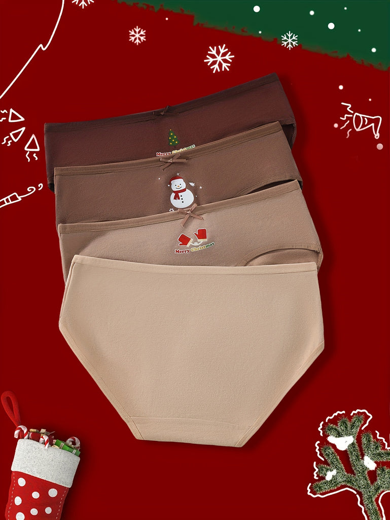 4pcs Christmas-Themed Cotton Briefs for Women - Soft, Comfortable Low-Rise Underwear with Bow Detail