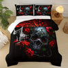 3pcs Goth Skull Print Comforter Set (1 Comforter + 2 Pillowcase Without Pillow Insert) For All Seasons, Microfiber Gothic Red Rose Bedding Set For Halloween Style Bedrooms Decoration