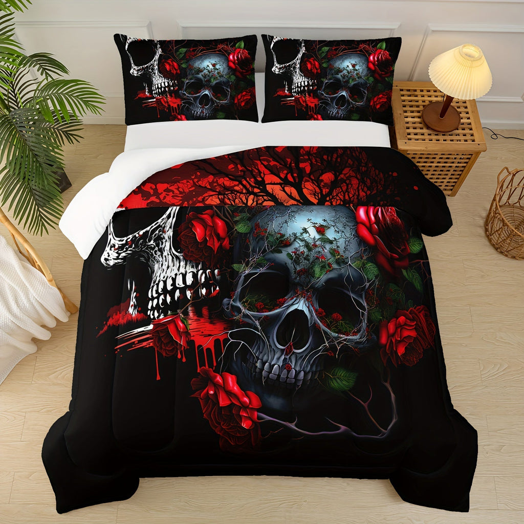 3pcs Goth Skull Print Comforter Set (1 Comforter + 2 Pillowcase Without Pillow Insert) For All Seasons, Microfiber Gothic Red Rose Bedding Set For Halloween Style Bedrooms Decoration