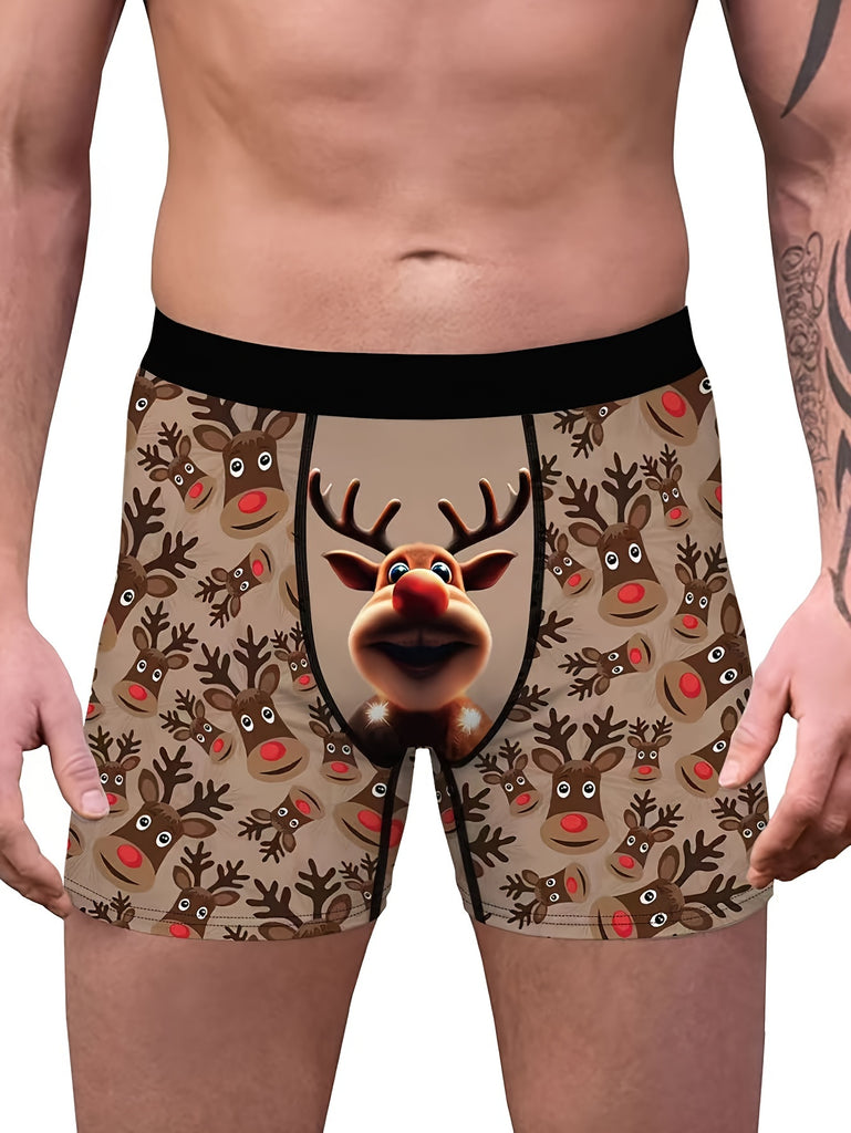 2pcs Men's Fashion Boxer Briefs with Christmas Elk Print - Comfortable, Quick-Dry & Breathable High Stretch Underwear for Casual Attire