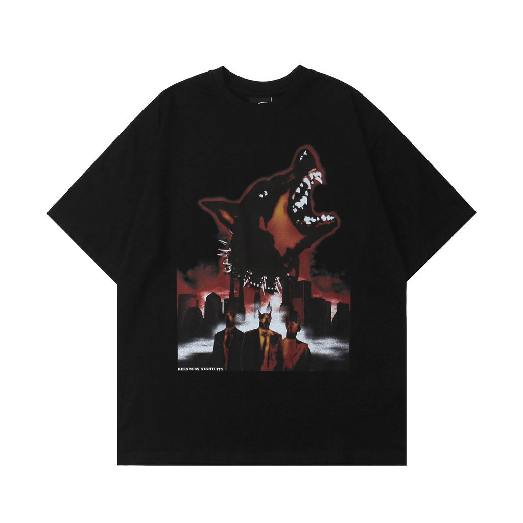 Street Design Theme Dark Dog Head Man Short Sleeve