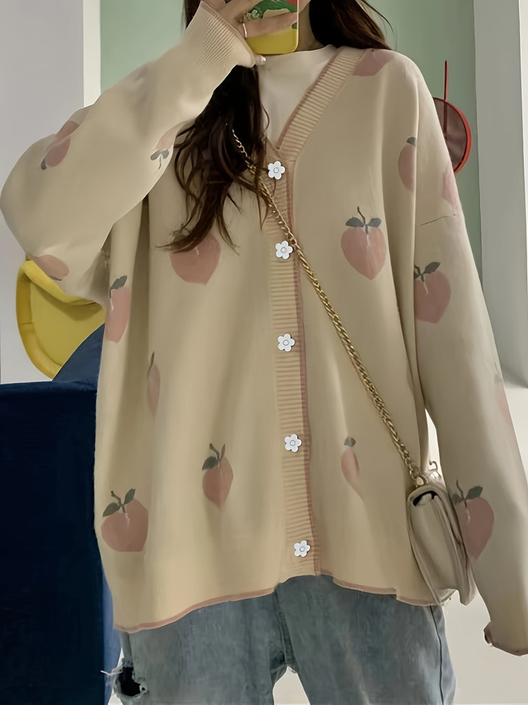 Soft and Sweet Acrylic V-Neck Sweater with Fruit Patterns - Perfect for Winter