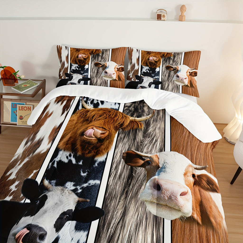 3pcs Modern Fashion Comforter Set (1*Comforter + 2*Pillowcase, Without Core), Farmhouse Cow 3D Print Bedding Set, Soft Comfortable And Skin-friendly Comforter For Bedroom, Guest Room