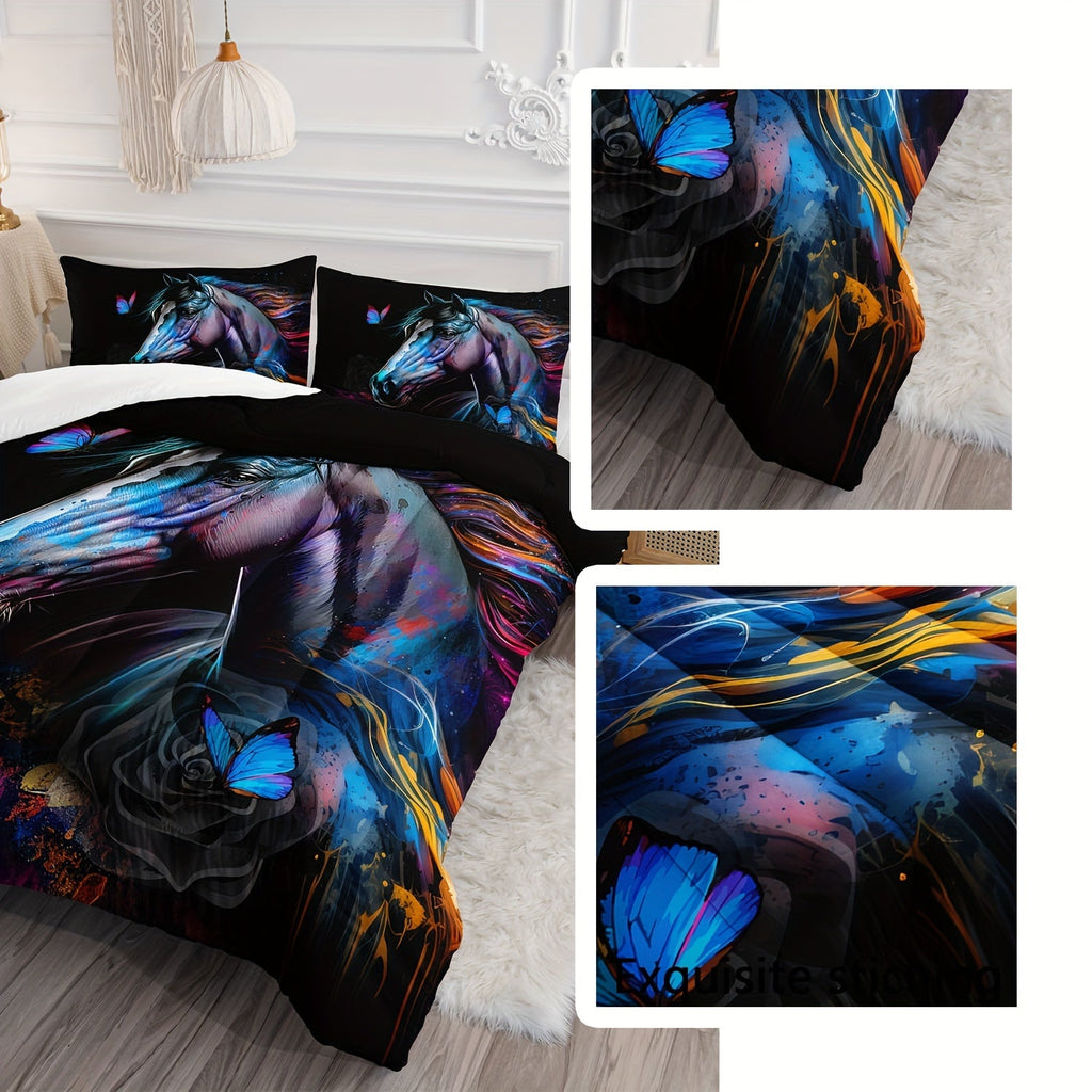 3Pcs Modern Fashion Polyester Comforter Set (1 * Comforter + 2 * Pillowcases, Pillow Core Not Included), Art Horse Butterfly Floral Print Bedding Set, Soft And Comfortable Skin-friendly Comforter For Bedroom, Guest Room.