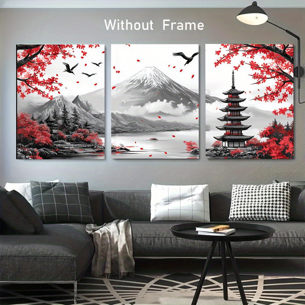 3pcs Japanese Landscape Canvas Art Set - Retro Mount Fuji & Red Temple Prints, High-Definition Wall Decor for Living Room, Bedroom, Hallway - Unframed, Reusable, for Winter