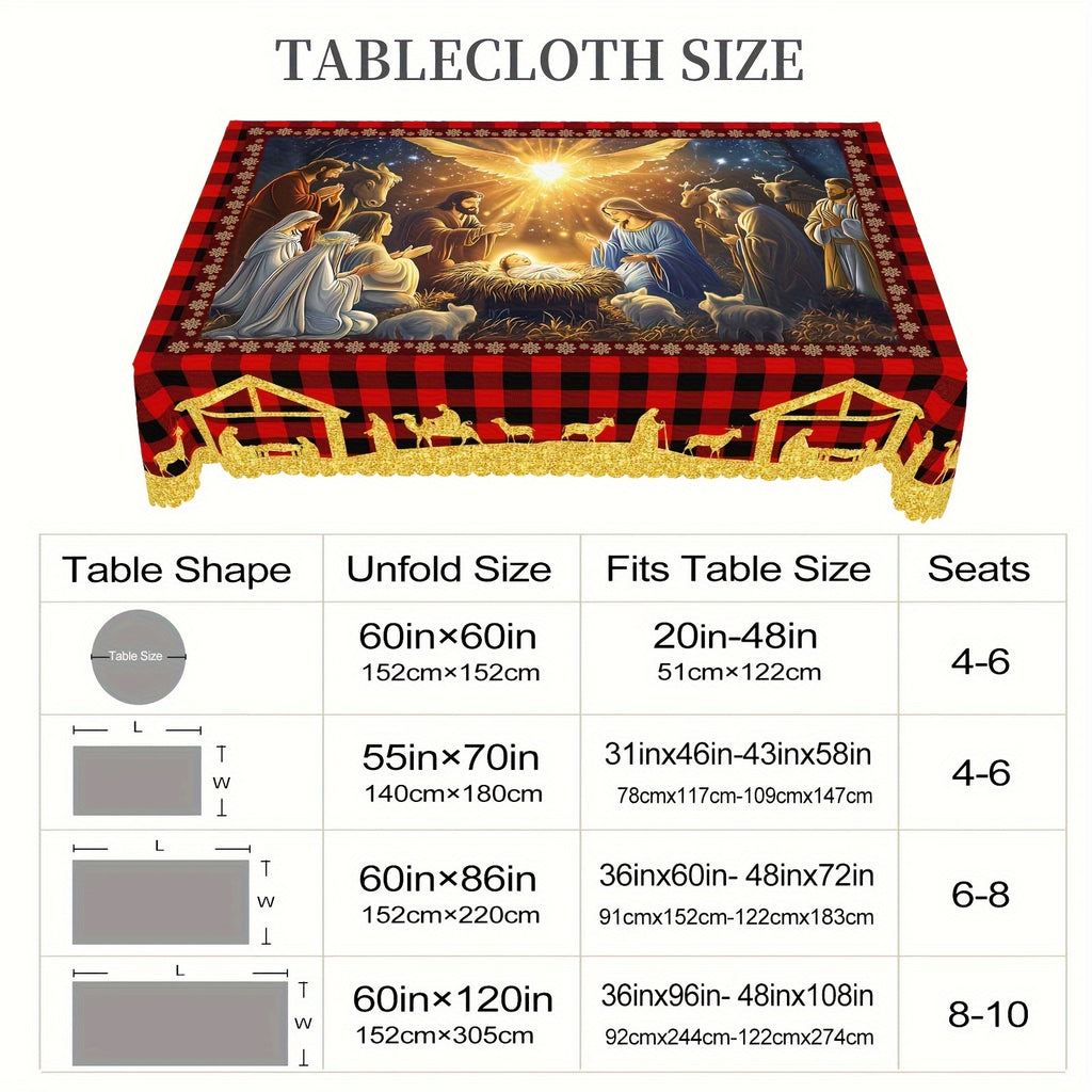 Merry Christmas Tablecloth - Nativity Scene Design, Waterproof & Wrinkle-Free Polyester, Embossed Edges, Round or Rectangle Shape - Perfect for Holiday Dining & Decor