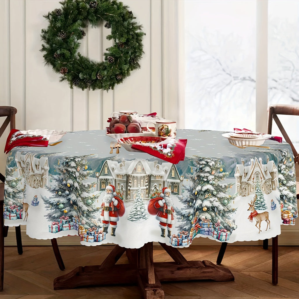 Christmas Holiday Tablecloth with Santa and Gift Tree Print - Polyester Rectangular Table Cover, Waterproof, Stain & Wrinkle Resistant, Machine-Washable for Indoor & Outdoor Use, Festive Dining Decor