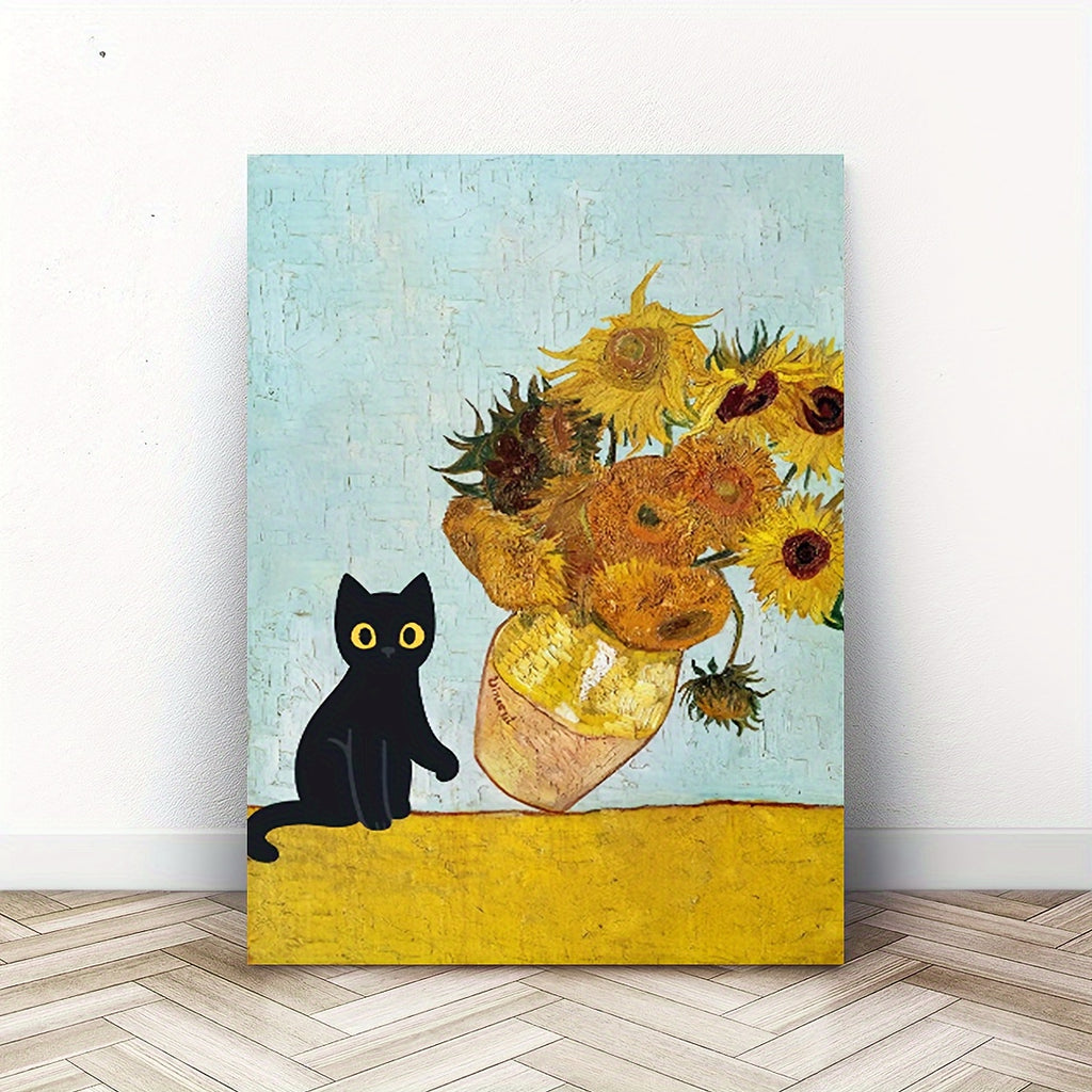 1pc Wooden Framed Canvas Painting - Black Cat Knocks Over Sunflower Vase, Wall Art Prints With Frame - For Living Room & Bedroom Decoration - Perfect Gift for Her & Him - Ready to Hang