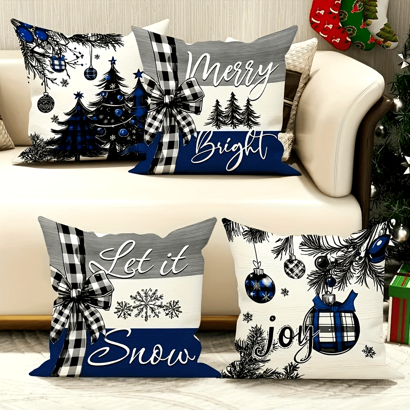 4pcs Christmas Tree Gift Pillowcases Contemporary Style - 18X18 Inches - Black And Blue - Comfortable And Soft - Polyester with Printed Design And Zipper Closure for Christmas Winter Living Room Bedroom Sofa Bed Decor Without Filling