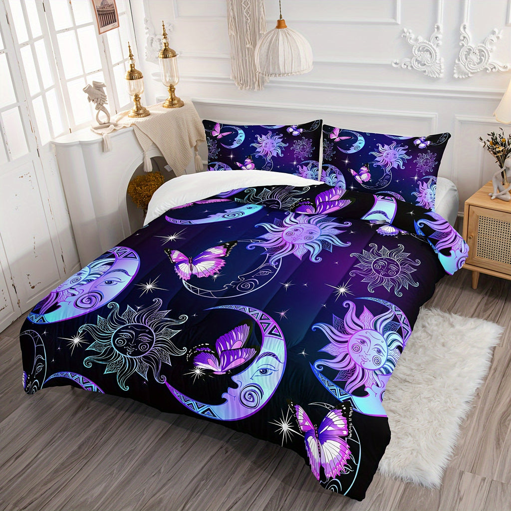 Sun and Moon Comforter Set, Butterfly and Star Bedding Set, 3D Printed Bohemian Gothic Duvet with 2 Pillowcases