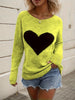 Elegant Heart Pattern Long Sleeve Sweater - Crew Neck, Stretchy Polyester Pullover for Women