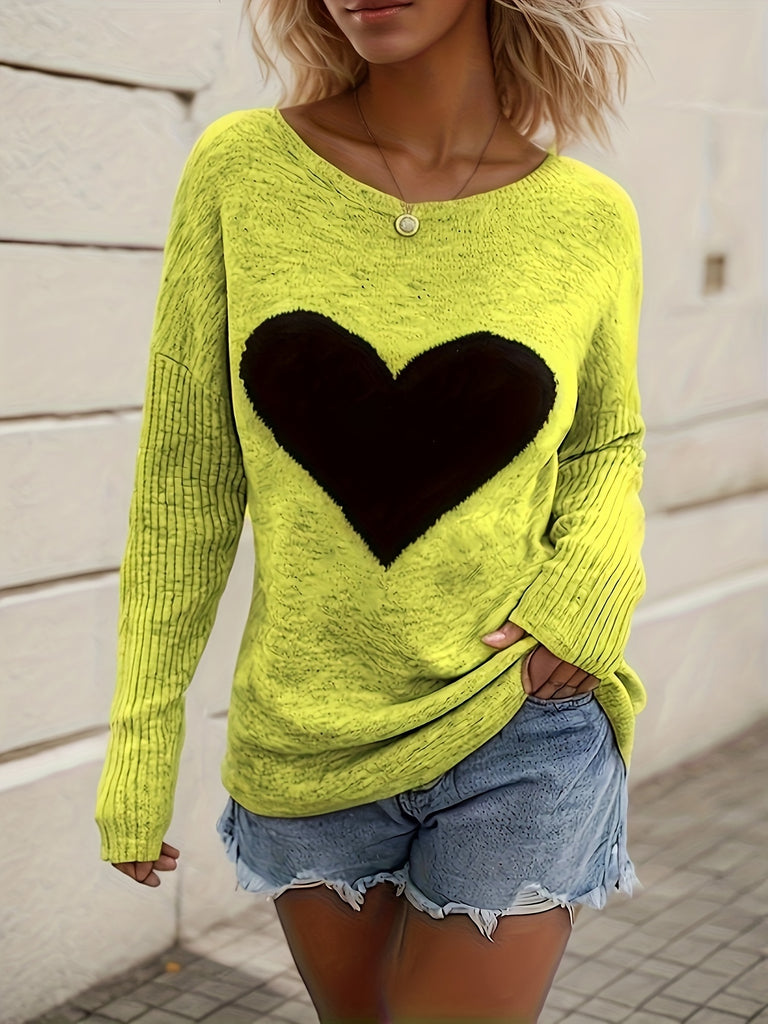 Elegant Heart Pattern Long Sleeve Sweater - Crew Neck, Stretchy Polyester Pullover for Women