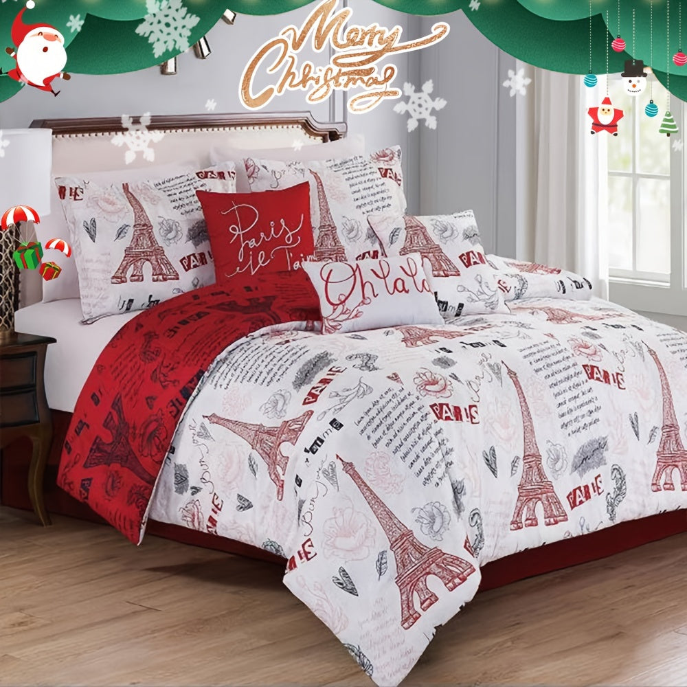 7pcs Christmas Halloween Decoration Comforter Set Stylish And Beautifully Printed 1 Comforter+2 Pillow Shams+1 Decorative Pillow+1 Breakfast Pillow +1 Cushion+1 Bed Skirt Easy To Care For Machine Washable Suitable For Bedrooms Rooms Hotels
