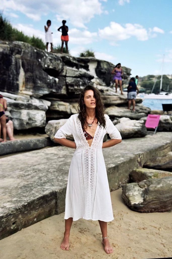 European and American foreign trade FP beach resort openwork lace stitching dress