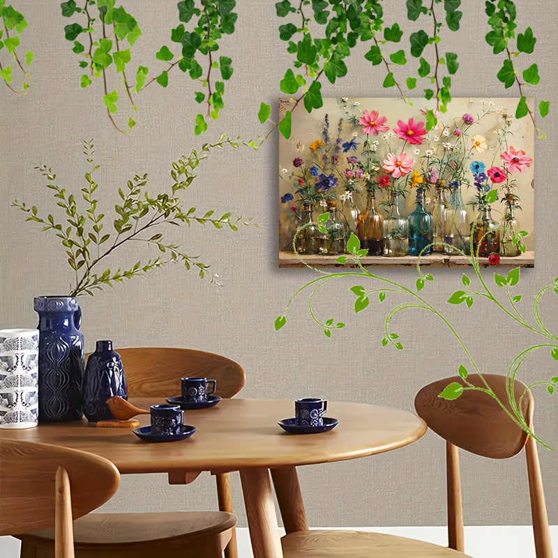1pc Wooden Framed Canvas Painting Prints Colorful Flowers In Different Clear Glass Vases Suitable For Living Room Bedroom Bathroom Kitchen Decor, Wooden Framed Artwork Easy To Hang