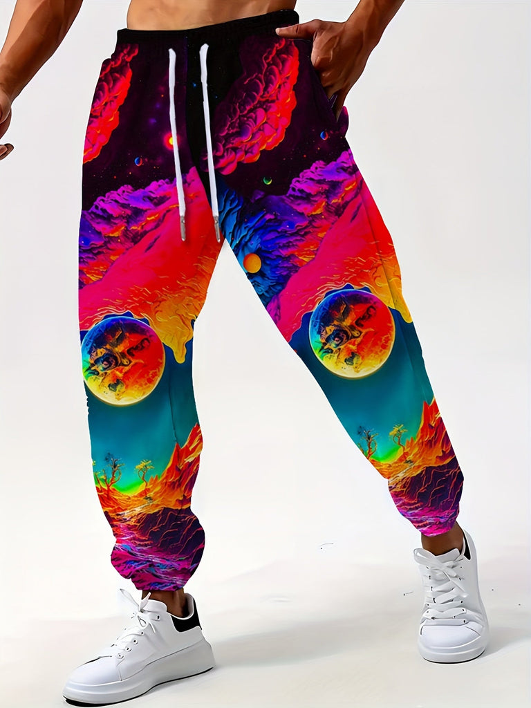 Men's Plus Size 3D Futuristic Environment Print Sports Joggers - Drawstring Trousers With Pockets For Outdoor Activities - For Men - Suitable for Sports & Casual Wear - Perfect Gift for Active Guys