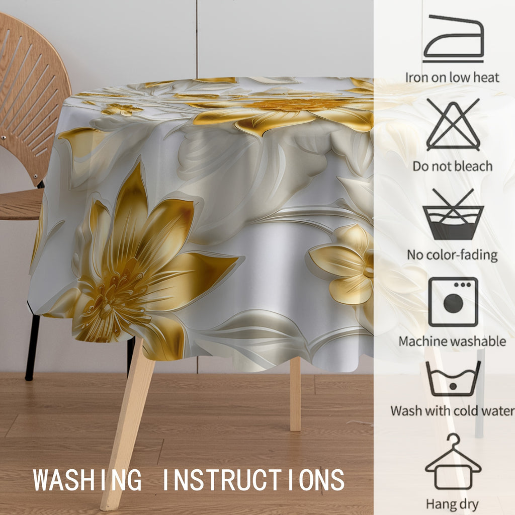 Golden and Jade 3D Flowers Digital Printed Tablecloth: Stain Resistant, Waterproof, Pleated Cover for Parties, Home Kitchens, Banquets, and Terraces - Suitable for Various Scenes