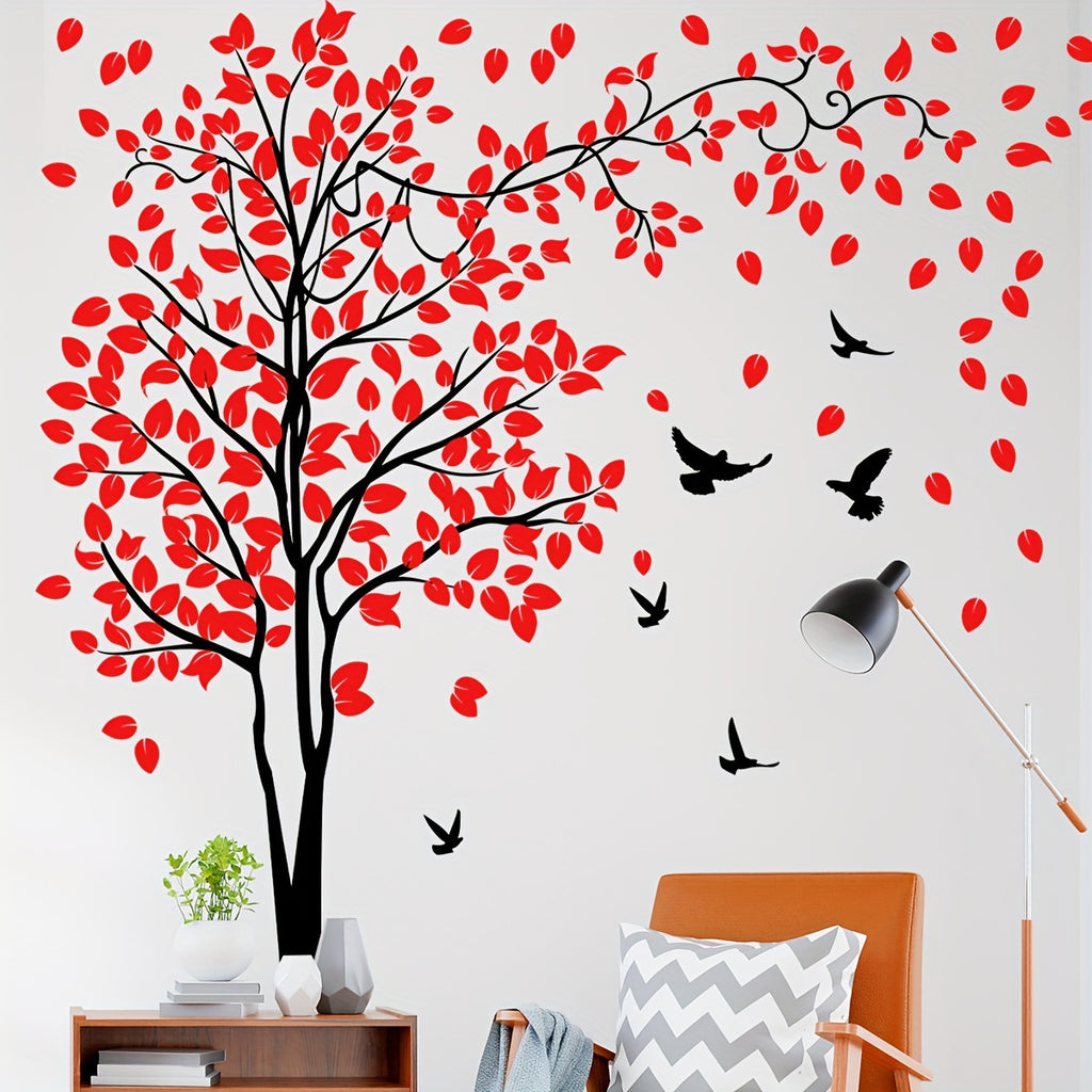 Contemporary Red Leaves and Birds Tree Wall Decal Set, 4pcs Vinyl Self-Adhesive Wall Stickers, PVC Plant Mural for Living Room Bedroom Decor (MS1643-YY)