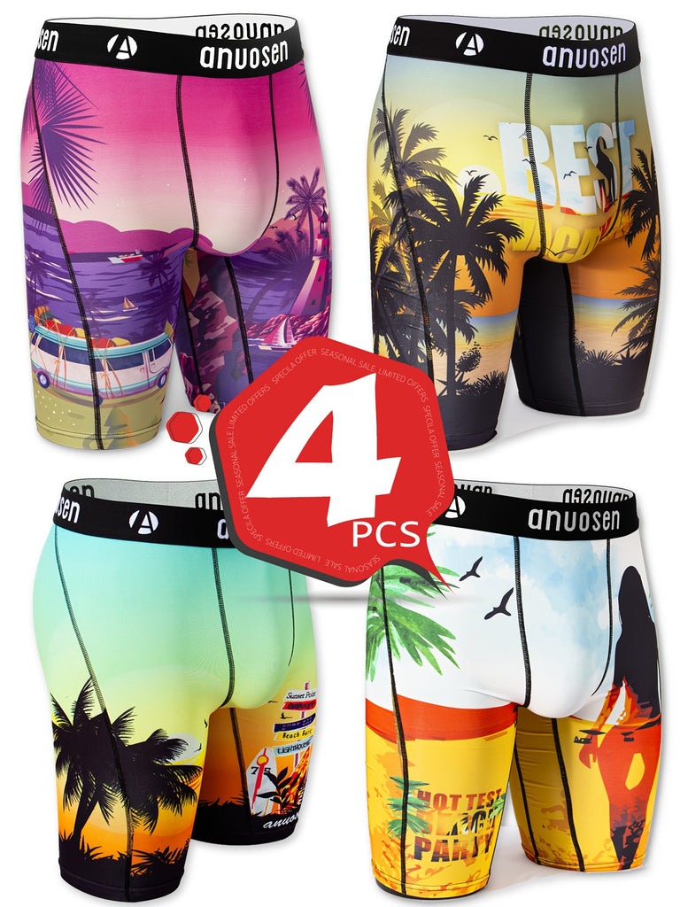 4pcs Men's Quick-Dry Athletic Boxer Briefs - Breathable, Moisture-Wicking with Tropical & Beach Print, Extended Length for Running & Casual Wear