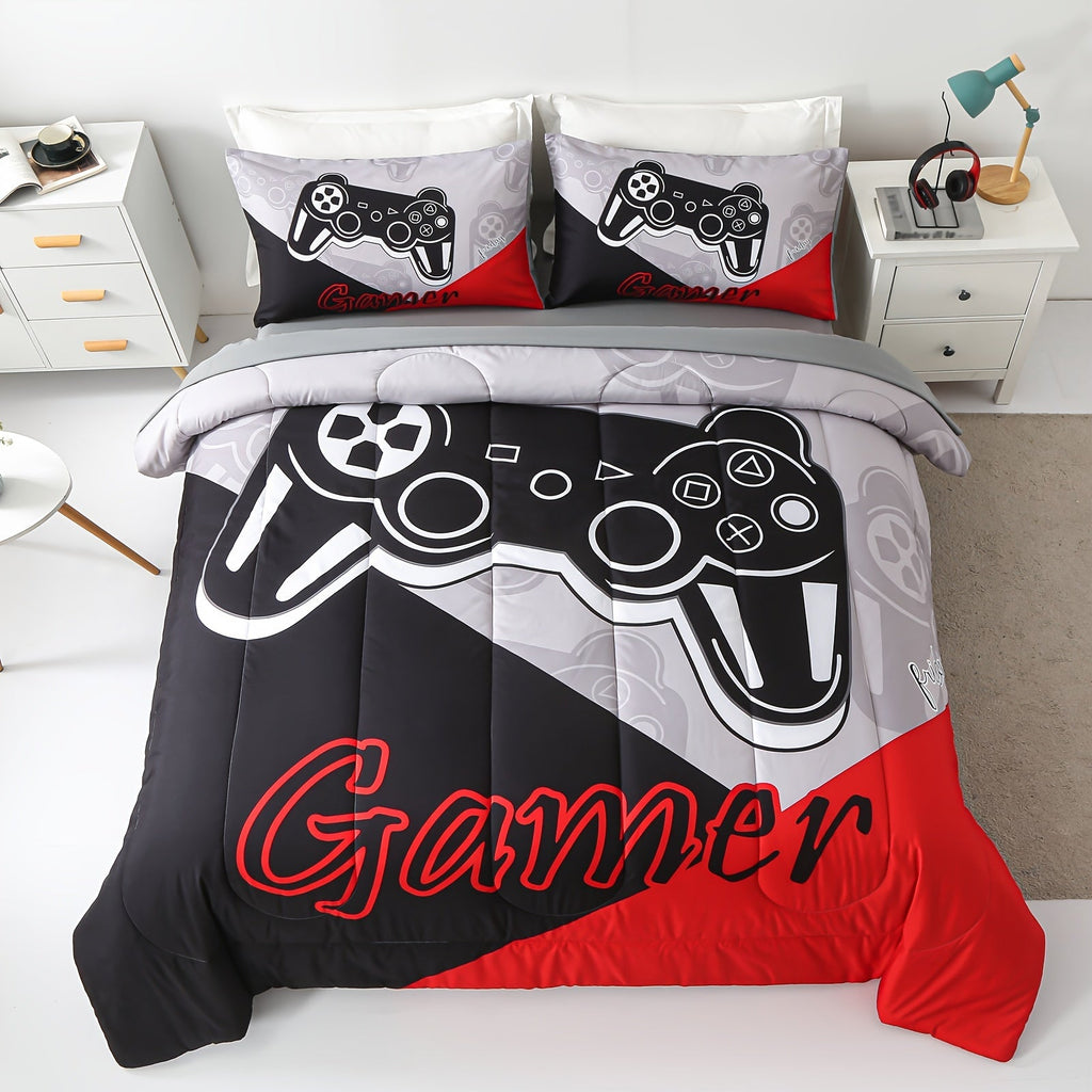 4/5Pcs Gamer Comforter Set - Stain Resistant, Ultra Soft Microfiber, Lightweight, 3D Colorful Game Controller Bedding With 100% Polyester Fiber Fill - Twin/Full/Queen Size Bed In A Bag For All Seasons