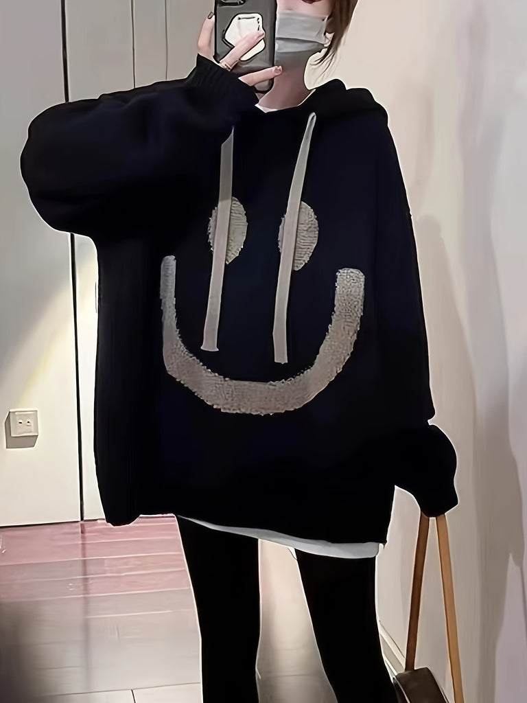 Smile Pattern Drawstring Hoodie Sweater, Casual Long Sleeve Sweater For Fall & Winter, Women's Clothing