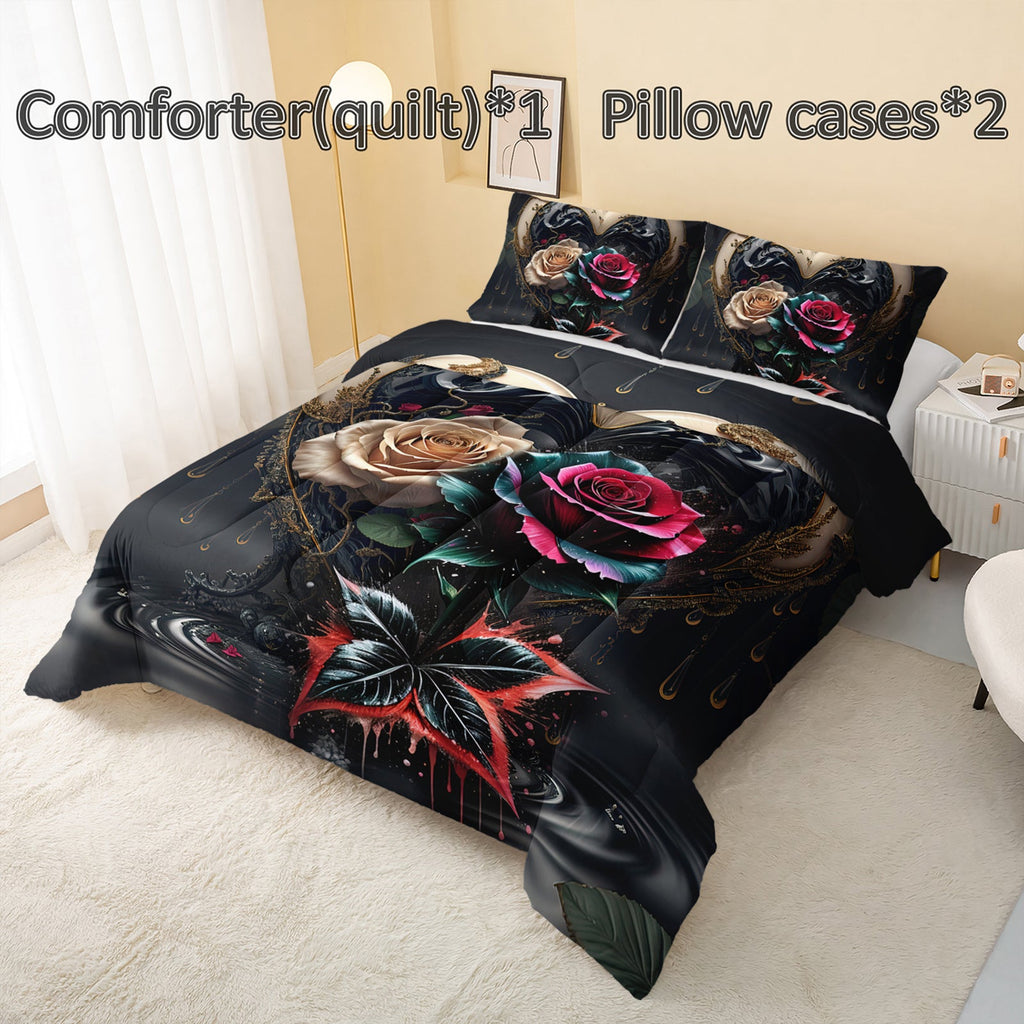 Colorful Rose Comforter Set, Floral Theme Bedding Set, Soft Polyester, 3pcs (1 Comforter and 2 Pillowcases)