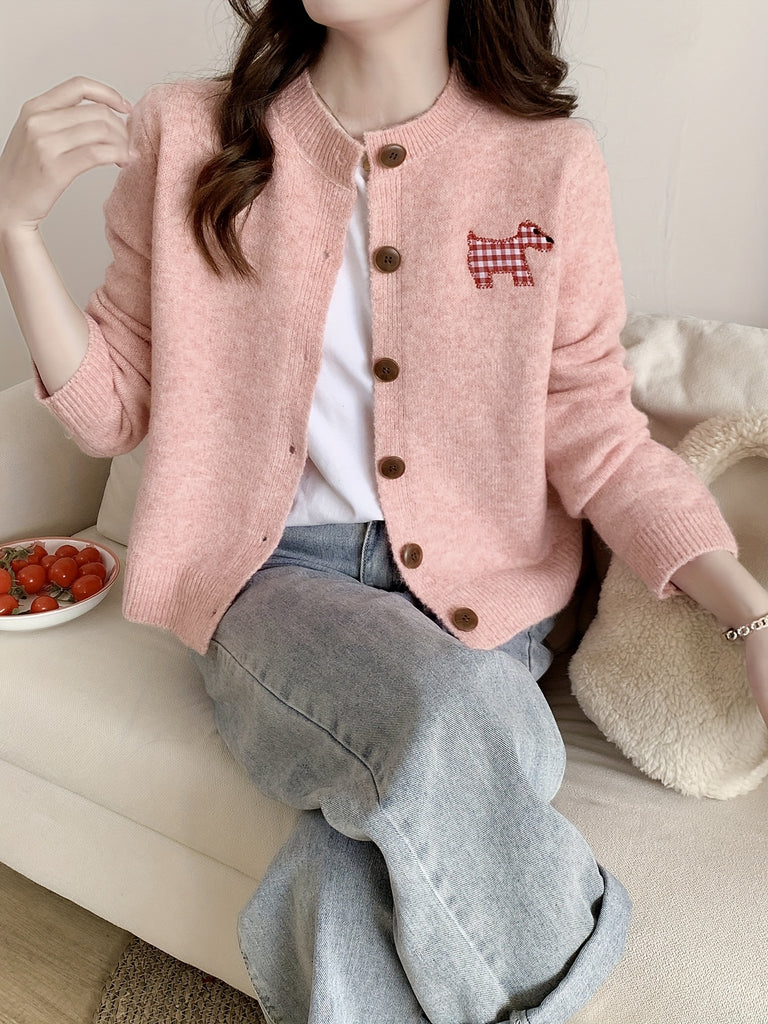 Bowknot Print Knitted Cardigan, Casual Long Sleeve Crew Neck Button Front Cardigan For Fall & Winter, Women's Clothing