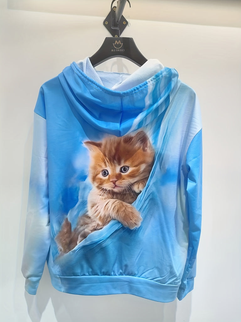 Cute Cat Print Drawstring Hoodie, Casual Long Sleeve Drop Shoulder Hoodie, Women's Clothing