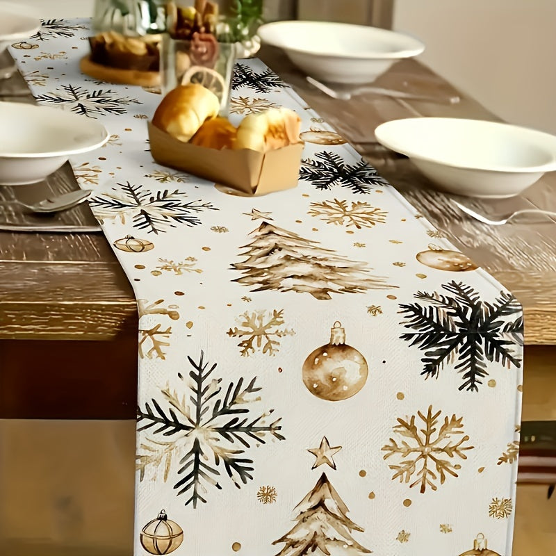 Christmas Cheer Tablecloth - Rectangular Polyester with Golden Christmas Tree, Ornaments & Snowflakes Design - Perfect for Holiday Dining Decor, Machine Washable