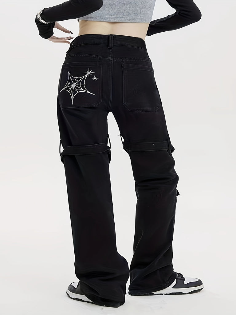 Women's Plus Size Stretchy Flare Jeans with Spider Web Print - High Rise, Button Fly Denim Pants