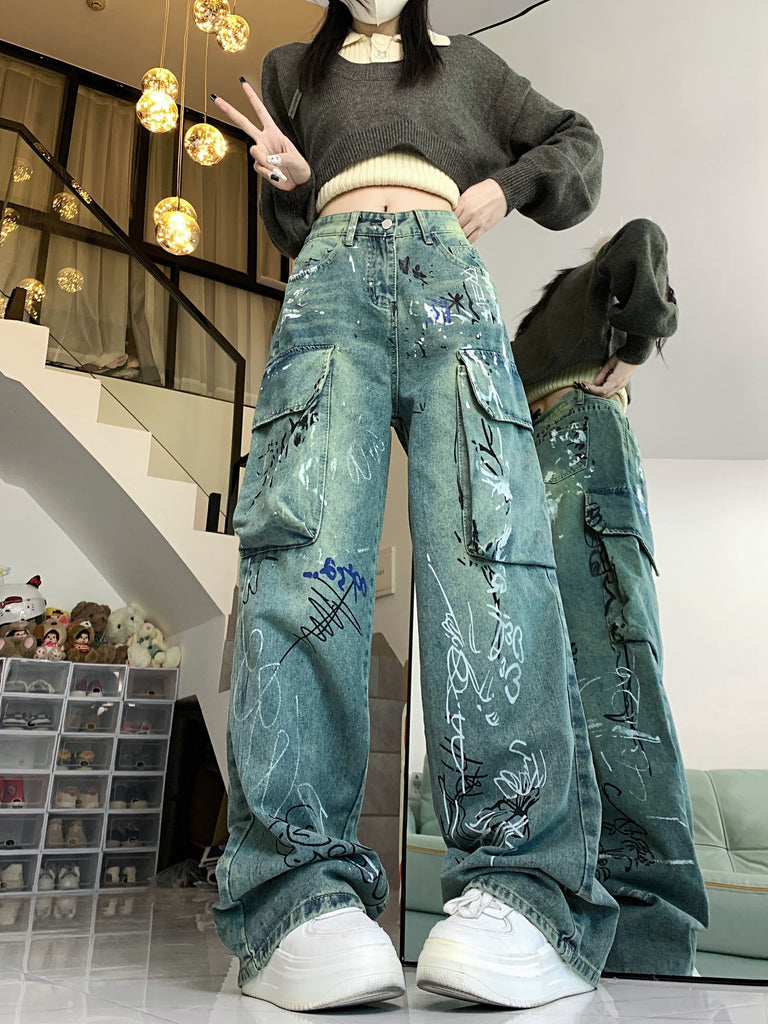 Women's Casual Geometric Graffiti Pattern Wide-Leg Denim Jeans, Cotton Blend, Slight Stretch, All-Season Washed Vintage Streetwear, Straight Fit Button Fly Long Pants