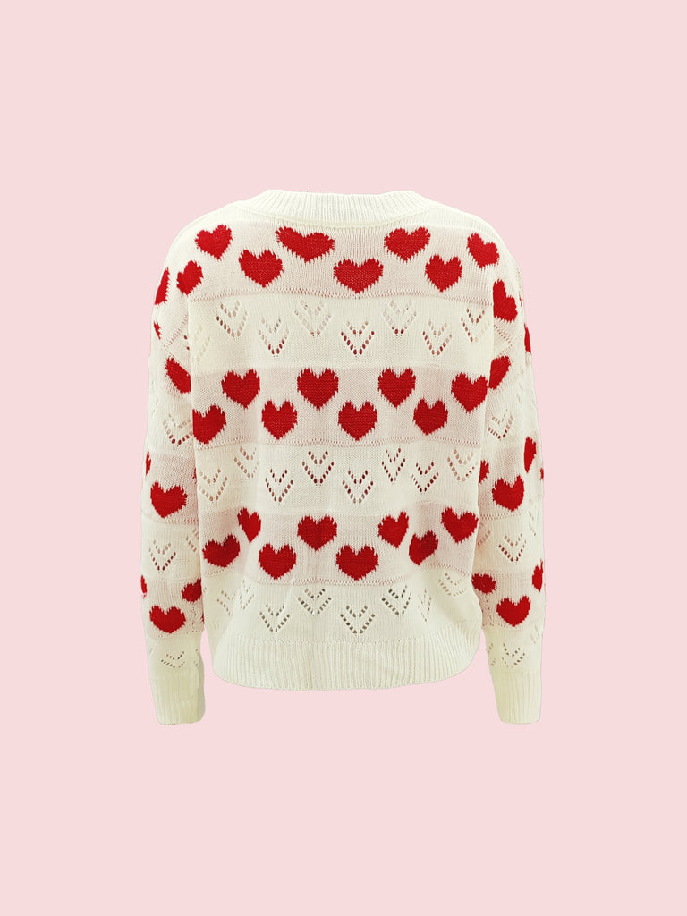 Valentine's Day Heart Pattern Knit Sweater, Casual Long Sleeve Pullover Sweater, Women's Clothing