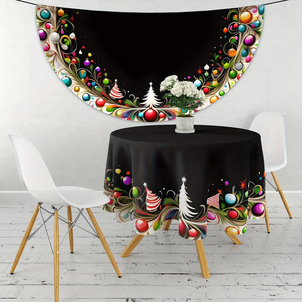 Christmas Tree and Ornament Design Round Tablecloth, Cartoon Polyester Fabric, Machine Woven, Festive Holiday Table Cover, 63 Inch Diameter, Black with Colorful Christmas Style Decoration for Dining and Outdoor Picnics
