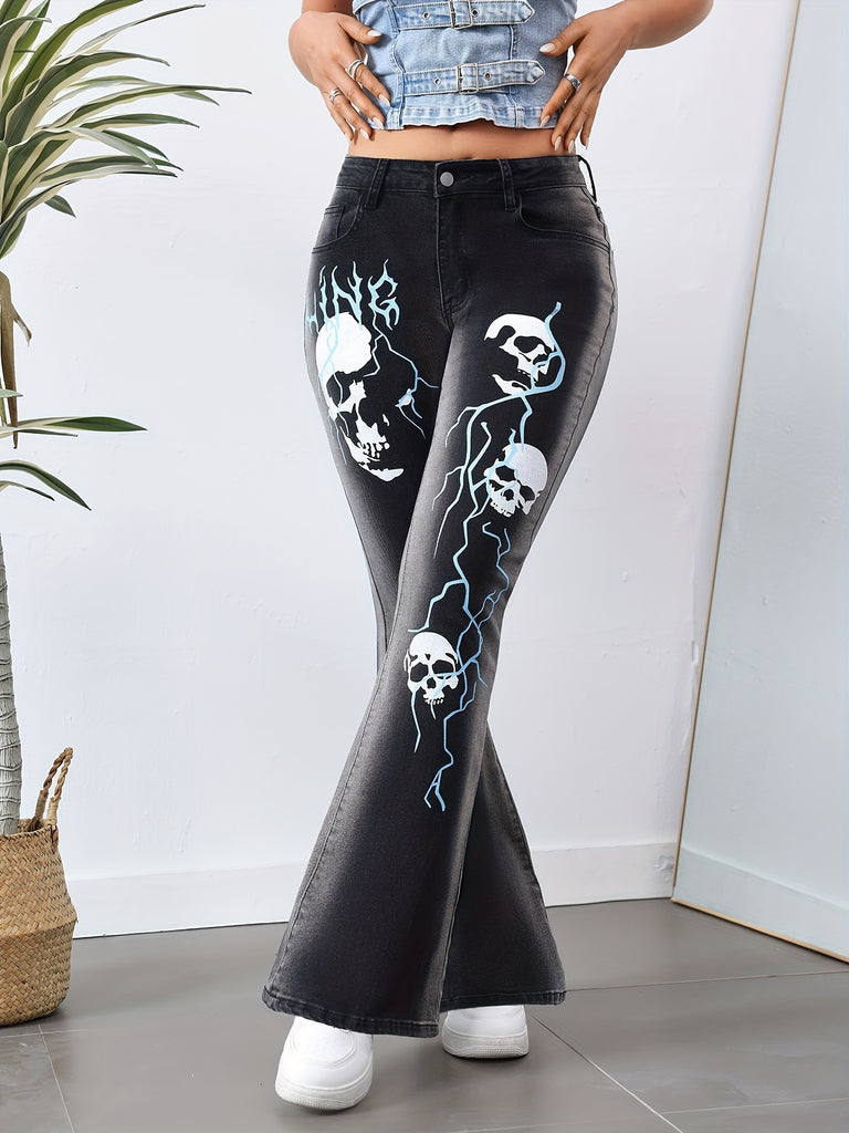 Women's Retro Skull Print Flare Jeans - Stretch Denim, Machine Washable, Perfect for Casual Wear