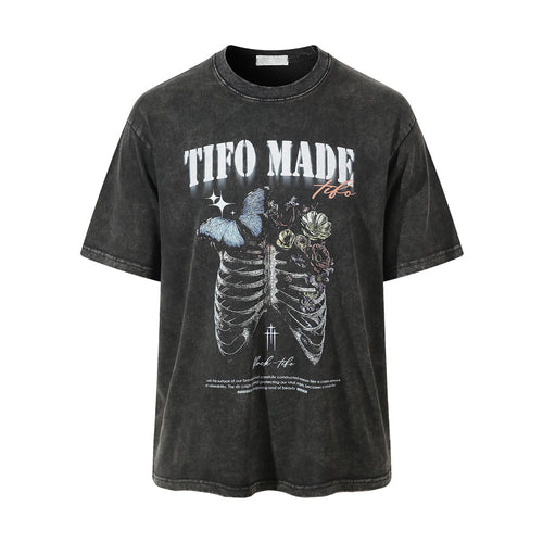 Dark Skull Skeleton Washed And Worn T-shirt Men