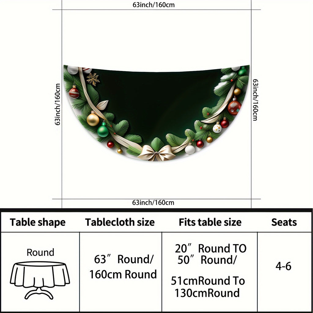 Christmas-Themed Waterproof Round Tablecloth with Green Leaf & Bow Design - 63" Polyester Dining Cover for Indoor/Outdoor Use, Perfect for Parties, BBQs, and Picnics