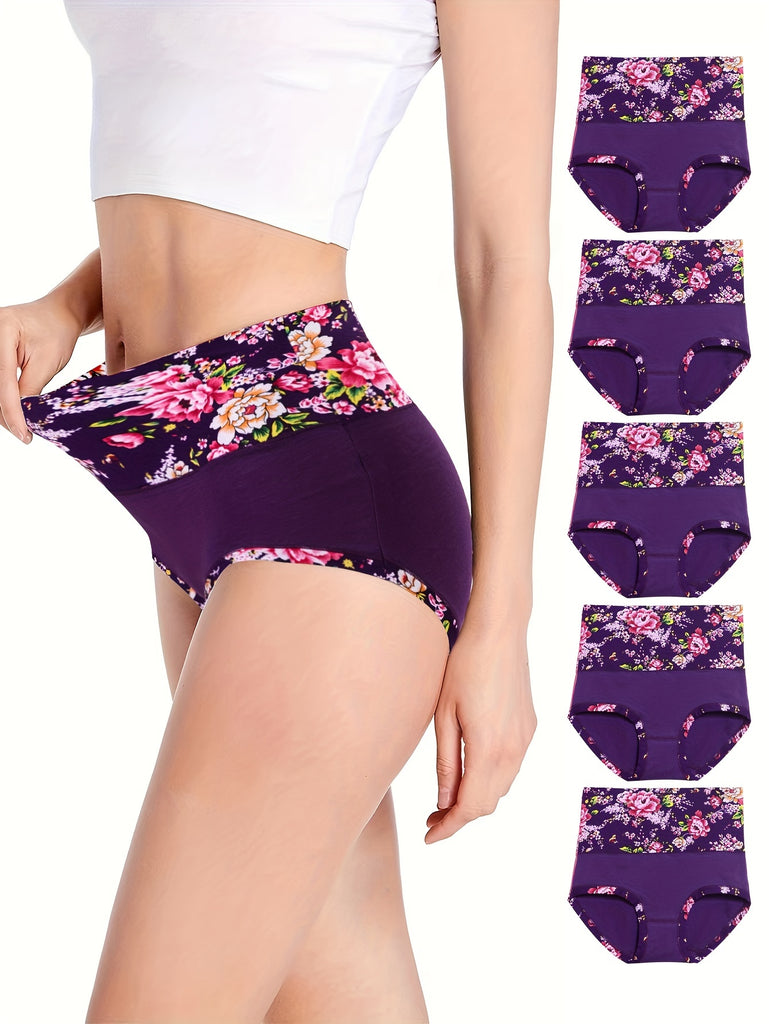 5pcs Comfy Floral Print Briefs, Stretchy Breathable Women's Lingerie & Underwear Intimates Panties