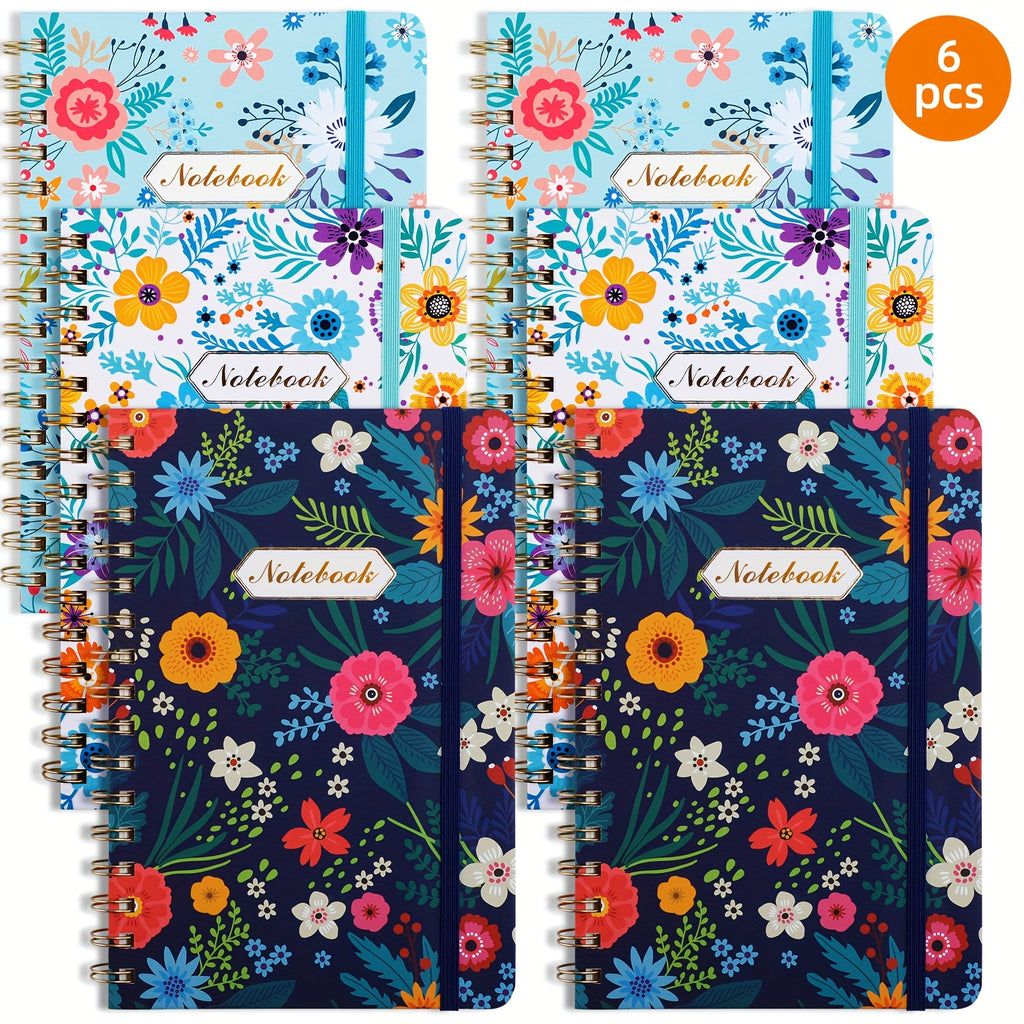 Superlele 6 Pack 5.5x8.3in Spiral Notebook, Hardcover Spiral Journal, 160 Pages, Cute Blooming Floral, Back Pocket, 100gsm Paper, For Gifts, Work, Office And School Supplies, Christmas Gift