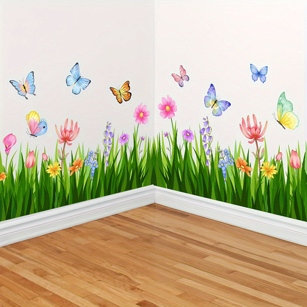 Springtime Butterfly and Flower Wall Stickers: 2 Sheets of 35.43*11.81inch for Room Decor - Self-Adhesive, Reusable, and Contemporary Design