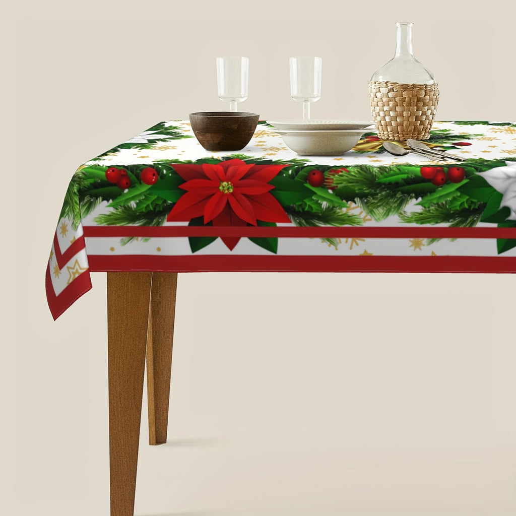 Merry Christmas Tablecloth - Festive Snowflake Design, Round Polyester Dining Cover for Holiday & Farmhouse Parties