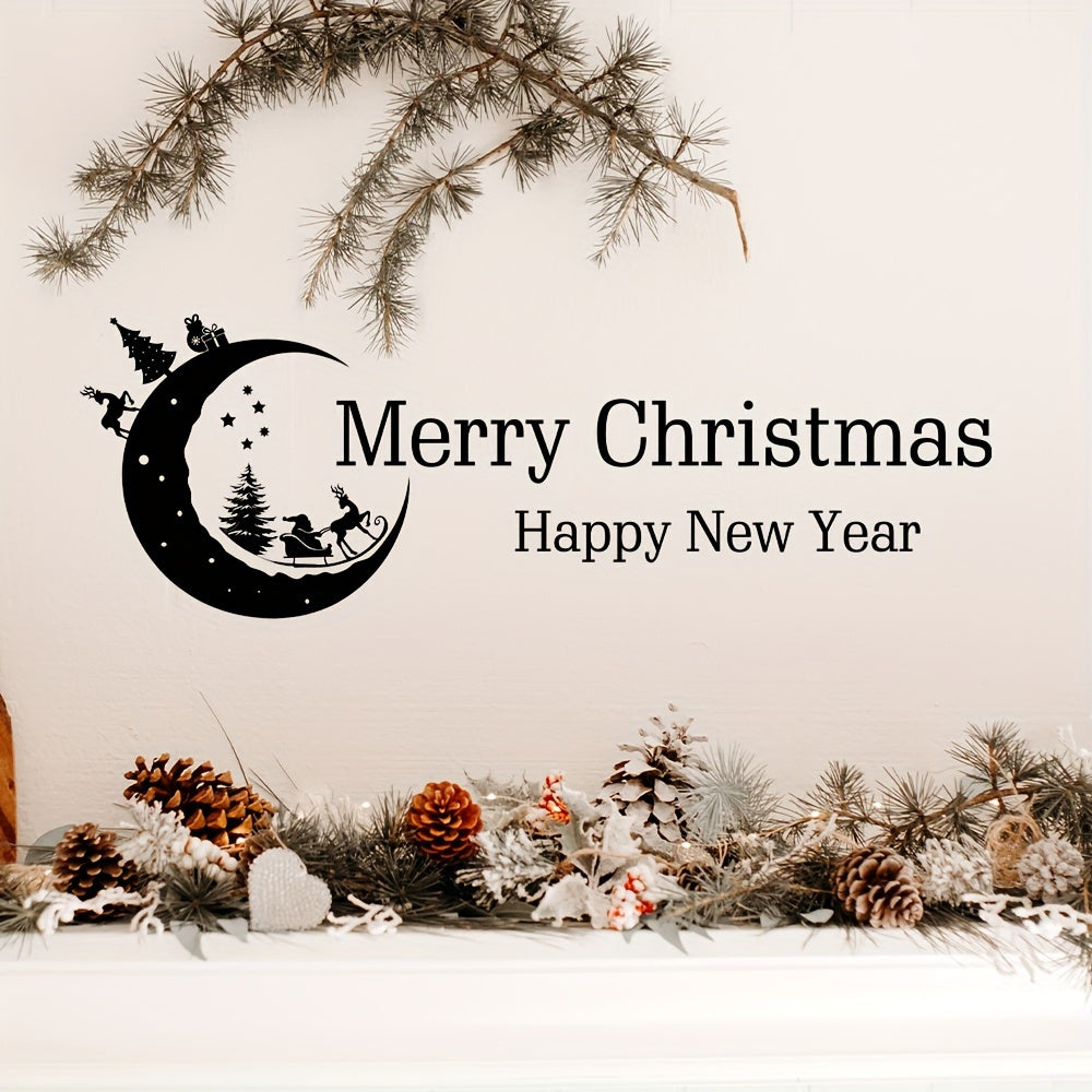 Merry Christmas & Happy New Year Wall Decals - Santa Claus, Snowman, and Moon Vinyl Stickers with Quotes for Festive Home Decor